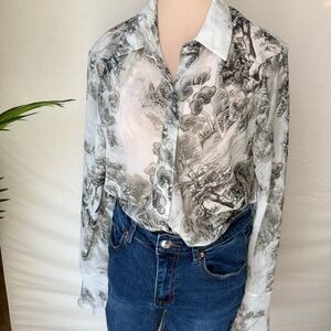 Elie Tahari Sheer Toile Print Button-Front Blouse XL